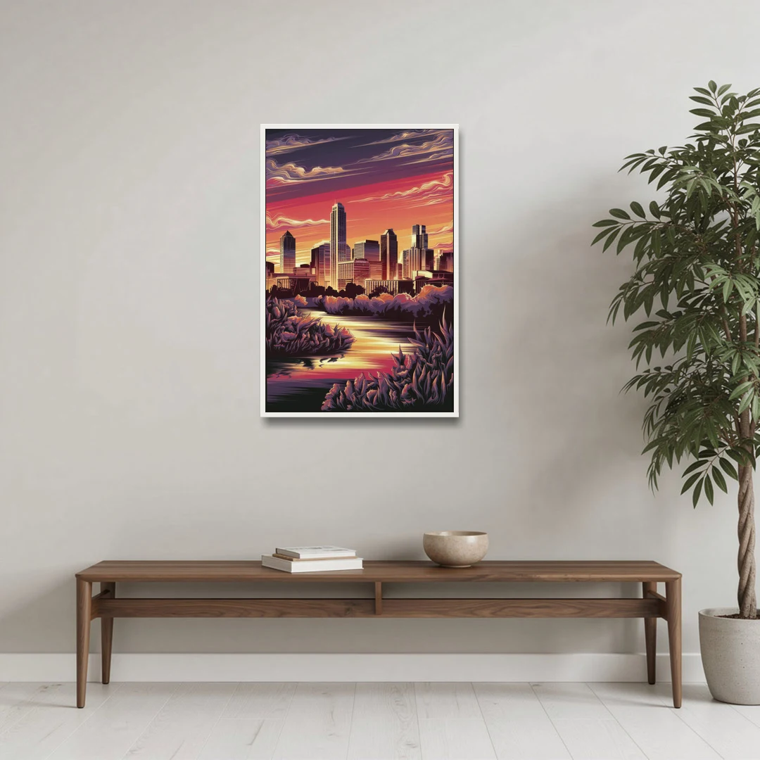 Austin Skyline Sunset - White Framed Canvas Wall Art - Coffee Table - 24x36