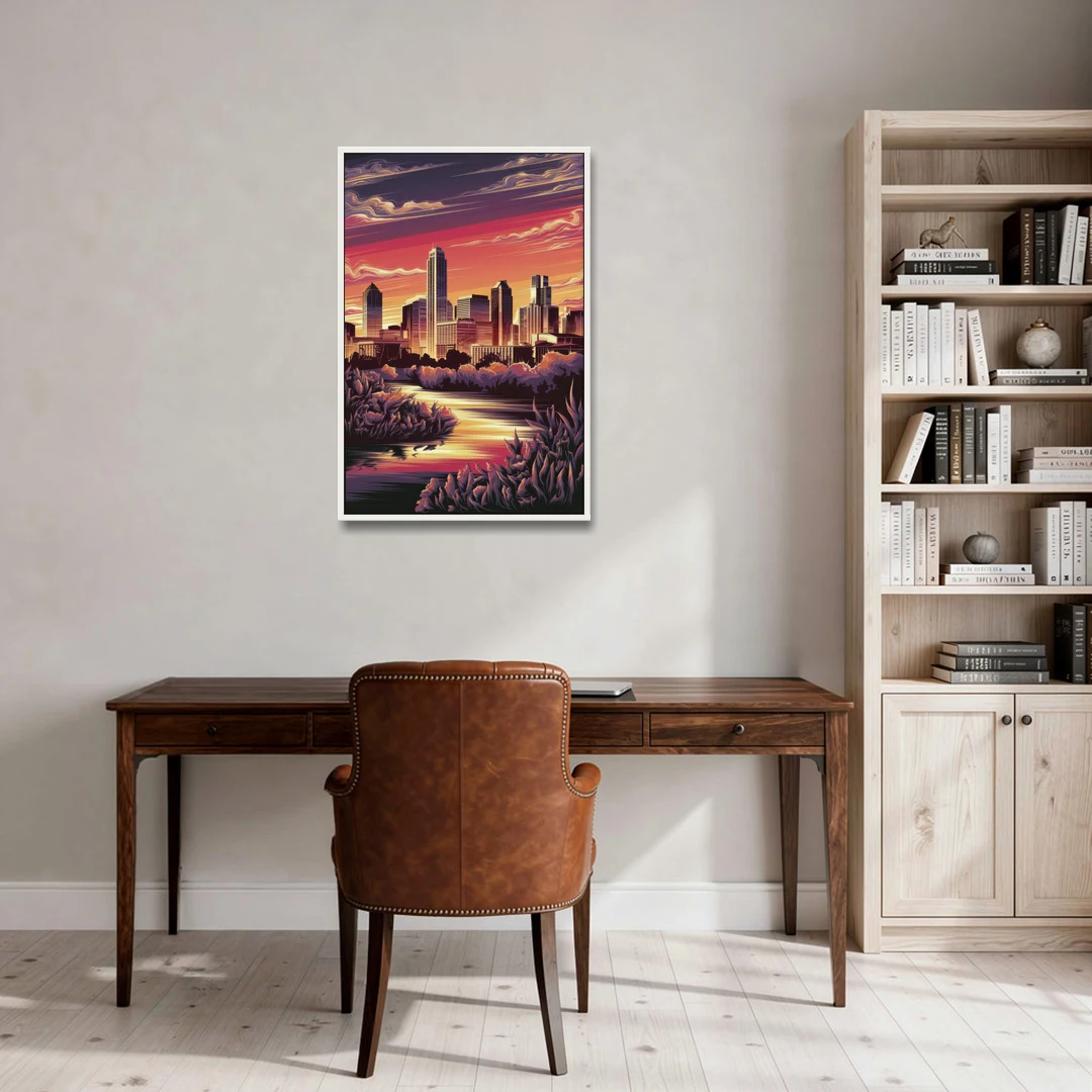 Austin Skyline Sunset - White Framed Canvas Wall Art - Office - 24x36