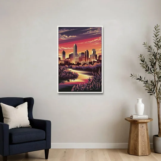 Austin Skyline Sunset - White Framed Canvas Wall Art - Sofa - 24x36