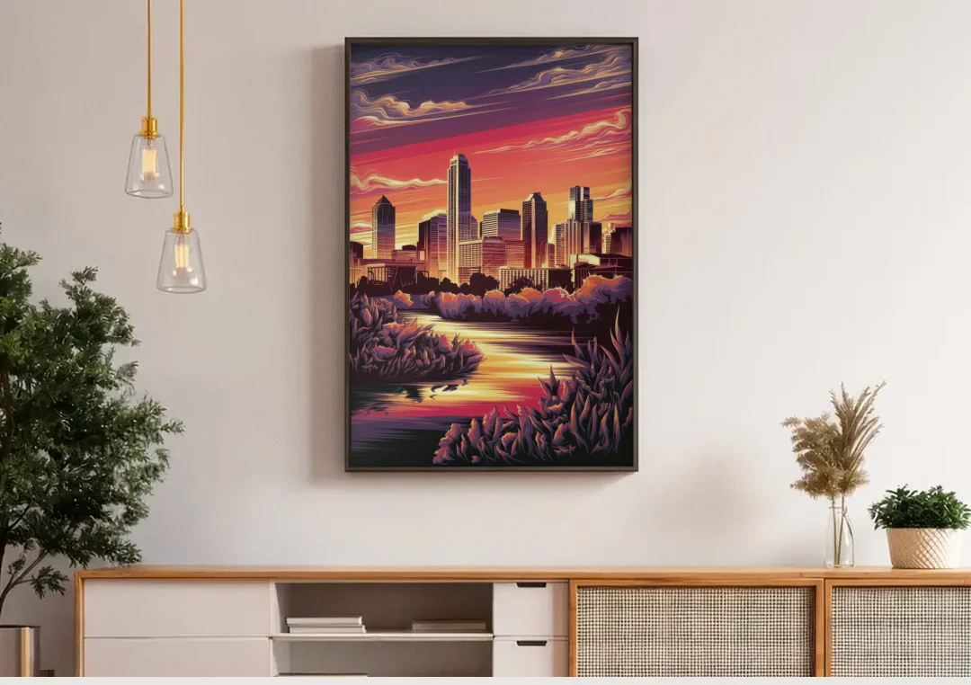 Austin Skyline Sunset canvas wall art above a wooden sideboard under pendant lights