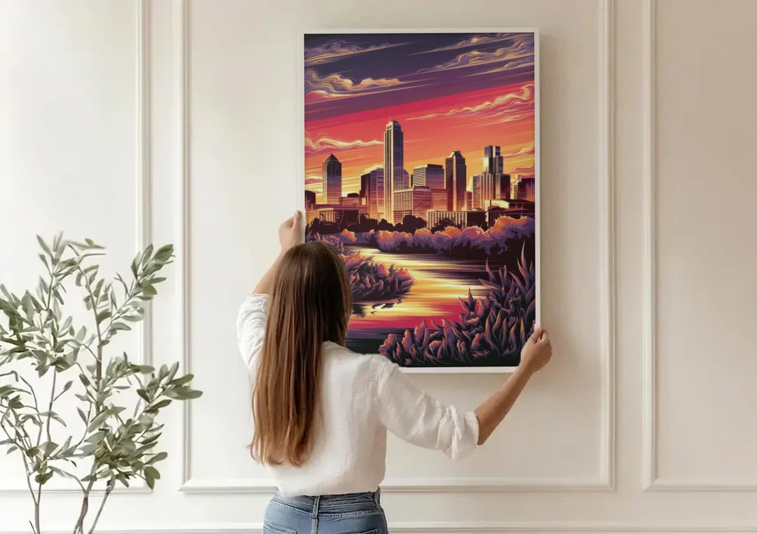 Austin Skyline Sunset canvas wall art being hung on a paneled wall