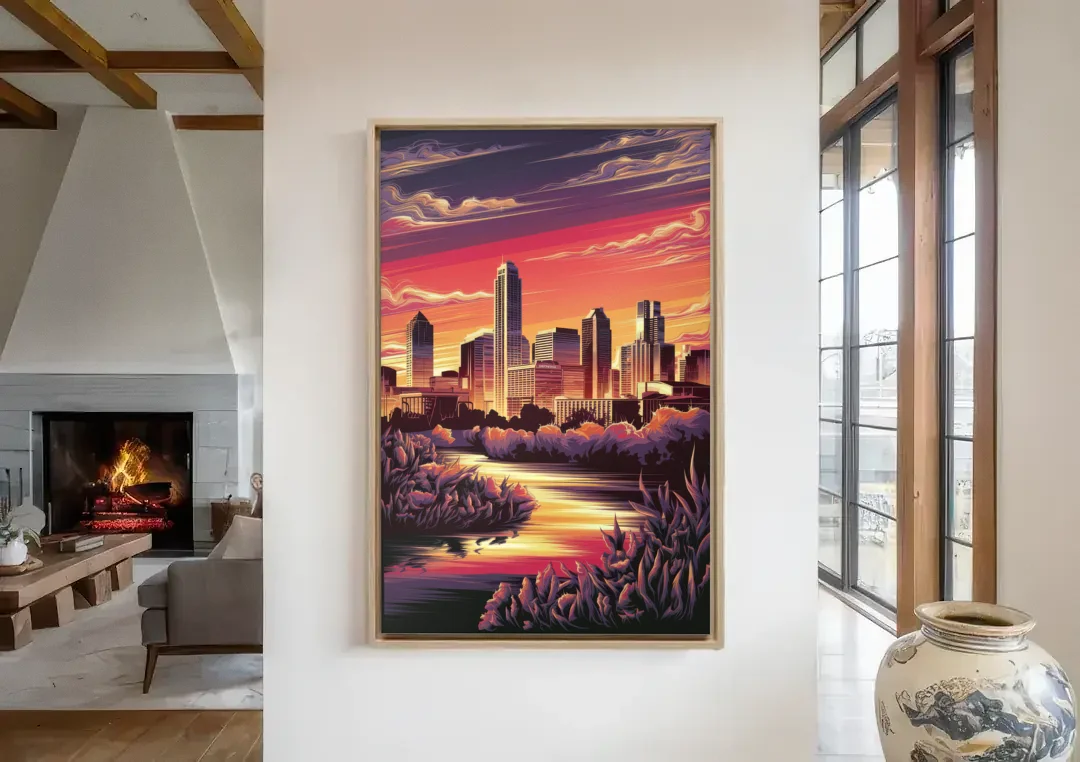 Austin Skyline Sunset canvas wall art in a living room with a fireplace