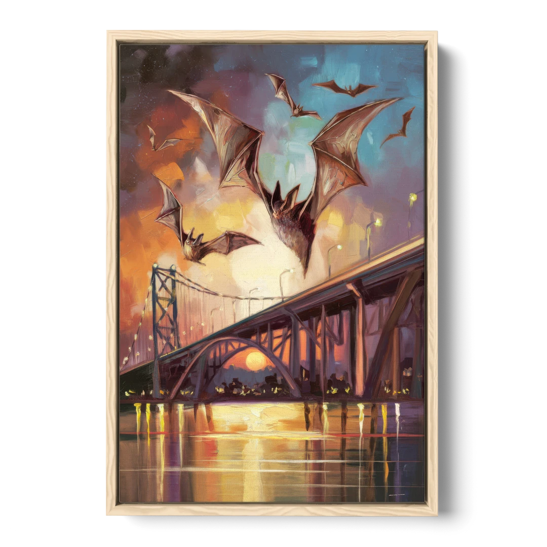 Austin Soaring Bats Scene - Oak Framed Canvas Wall Art - Front