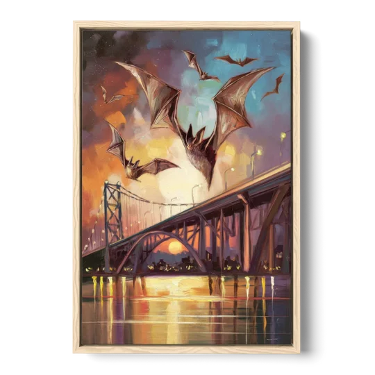 Austin Soaring Bats Scene - Oak Framed Canvas Wall Art - Front