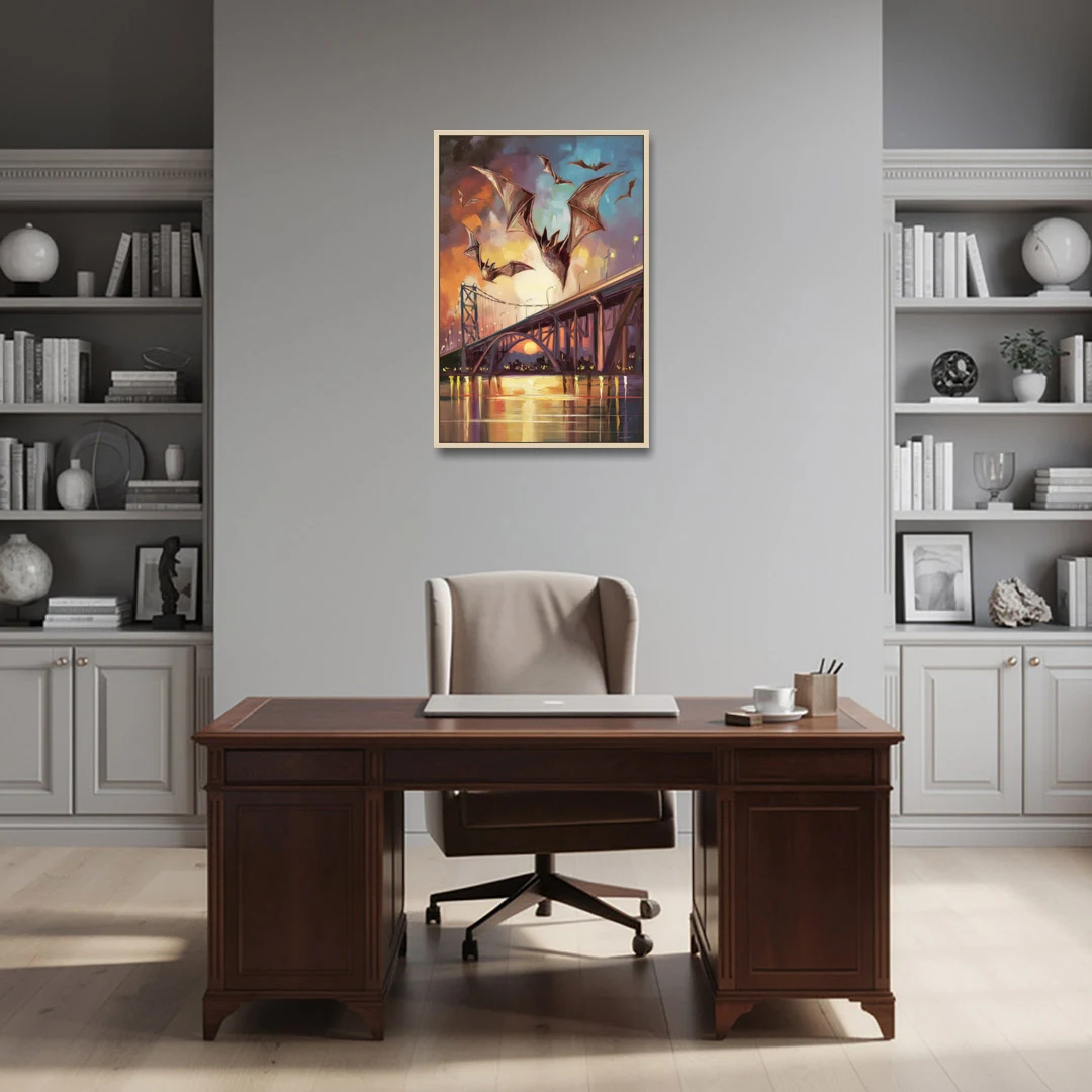 Austin Soaring Bats Scene - Oak Framed Canvas Wall Art - Office - 24x36