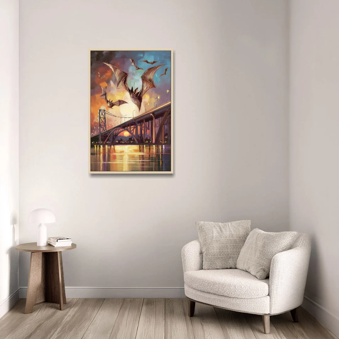 Austin Soaring Bats Scene - Oak Framed Canvas Wall Art - Sofa - 24x36