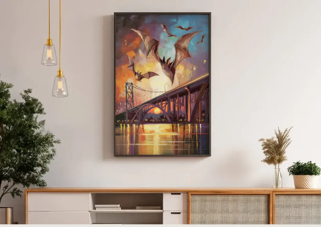 Austin Soaring Bats Scene canvas wall art above a wooden sideboard under pendant lights