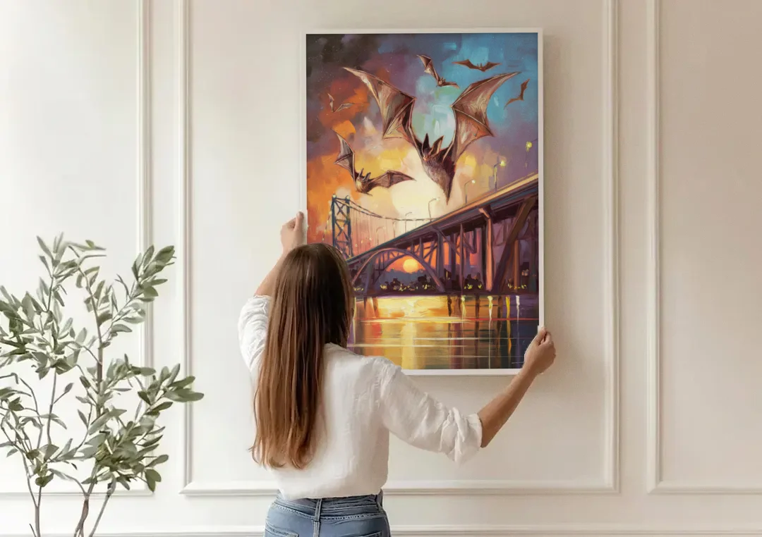 Austin Soaring Bats Scene canvas wall art being hung on a paneled wall