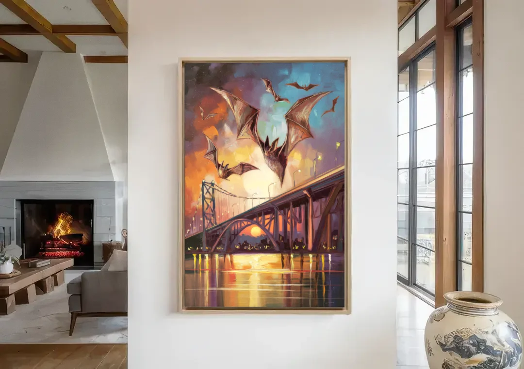 Austin Soaring Bats Scene canvas wall art in a living room with a fireplace