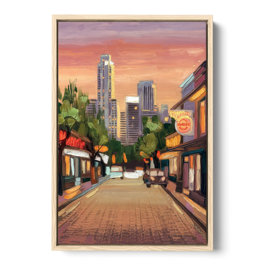 Austin South Congress Aesthetic - Oak Framed Canvas Wall Art - Front