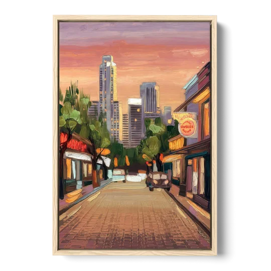 Austin South Congress Aesthetic - Oak Framed Canvas Wall Art - Front