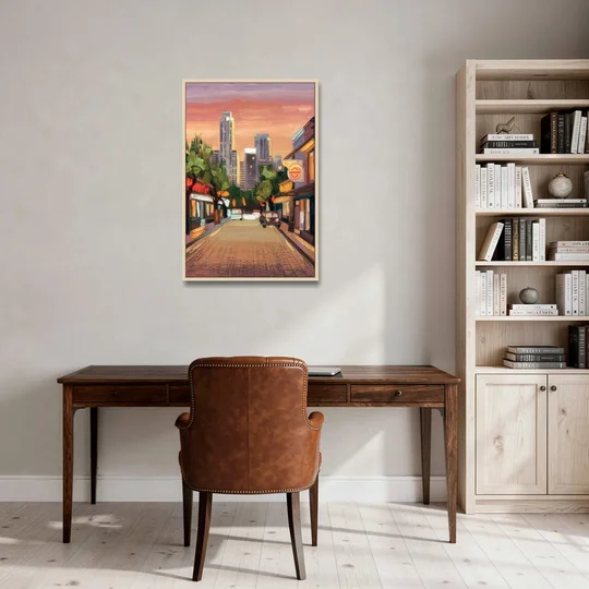 Austin South Congress Aesthetic - Oak Framed Canvas Wall Art - Office - 24x36