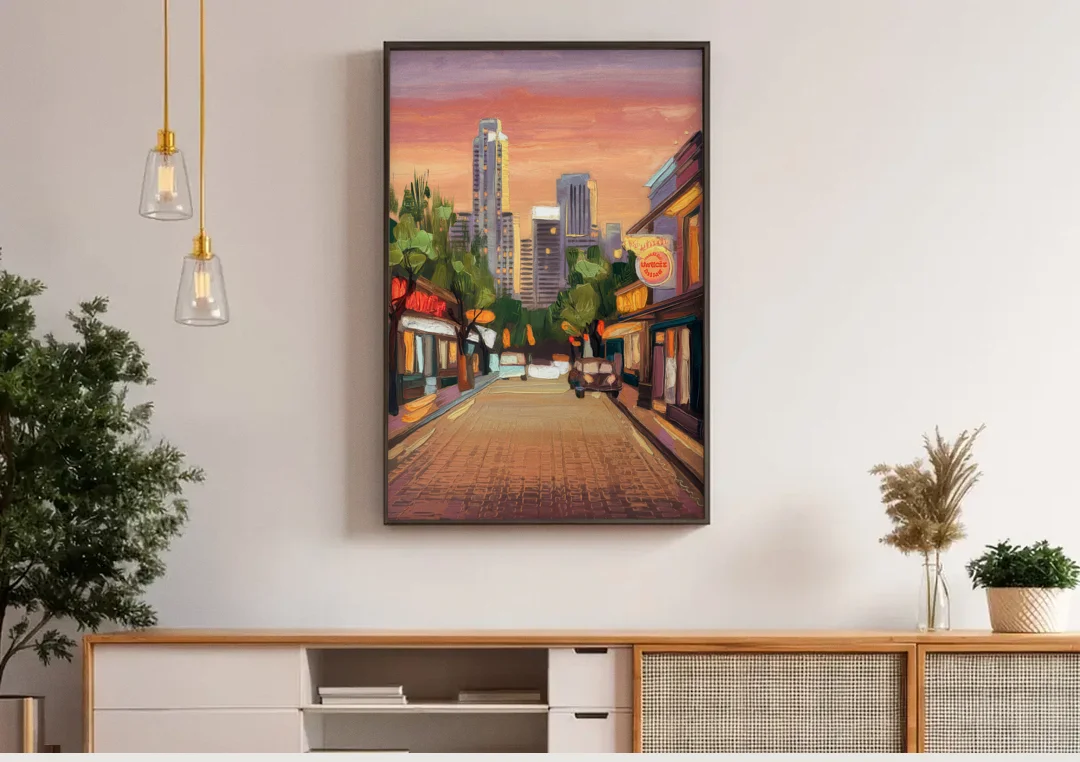 Austin South Congress Aesthetic canvas wall art above a wooden sideboard under pendant lights