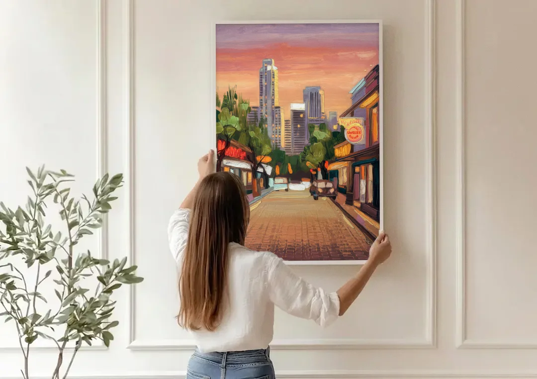 Austin South Congress Aesthetic canvas wall art being hung on a paneled wall