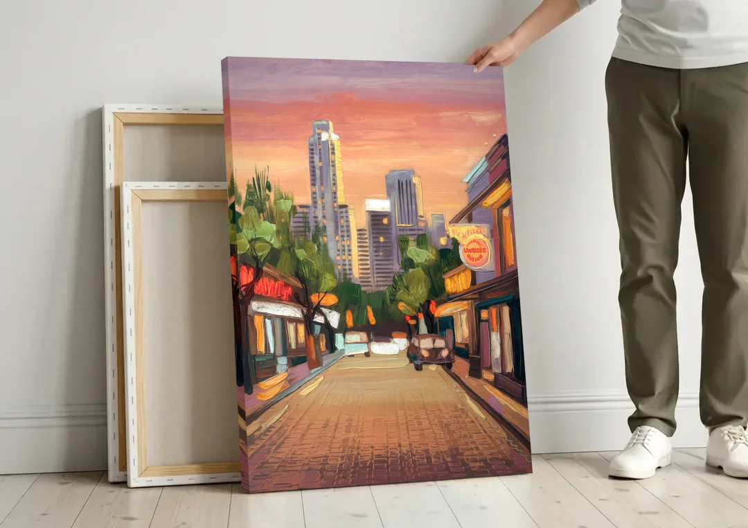 Austin South Congress Aesthetic canvas wall art leaning against a wall next to blank canvases