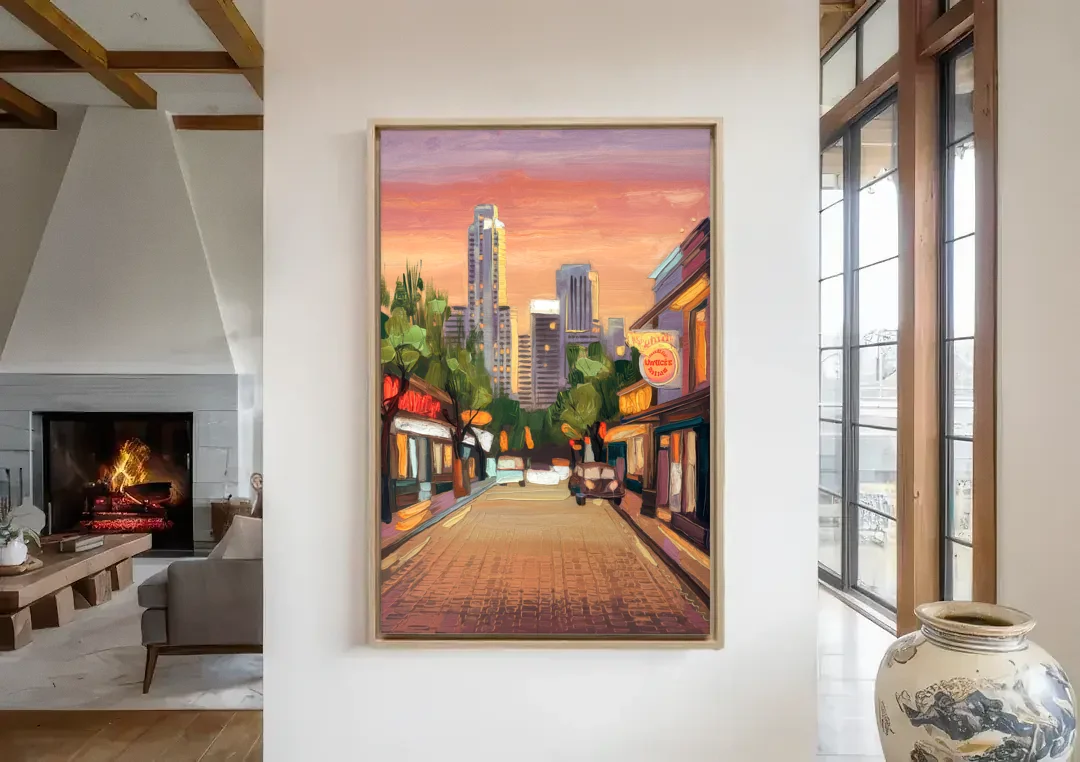 Austin South Congress Aesthetic canvas wall art in a living room with a fireplace