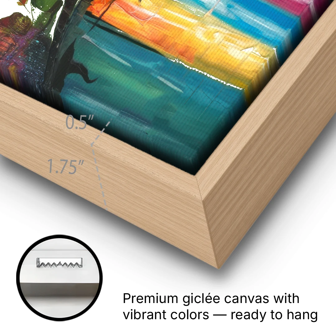 Austin Street Art Culture - Oak Framed Canvas Wall Art - Gallery Wrap Corner