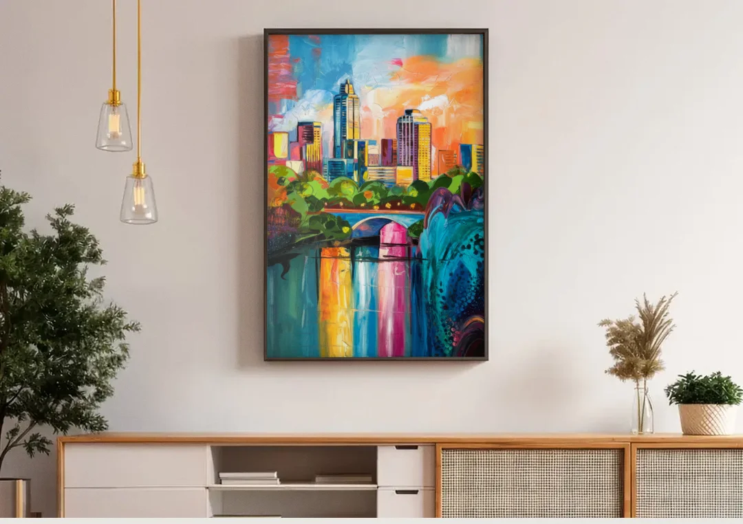Austin Street Art Culture canvas wall art above a wooden sideboard under pendant lights
