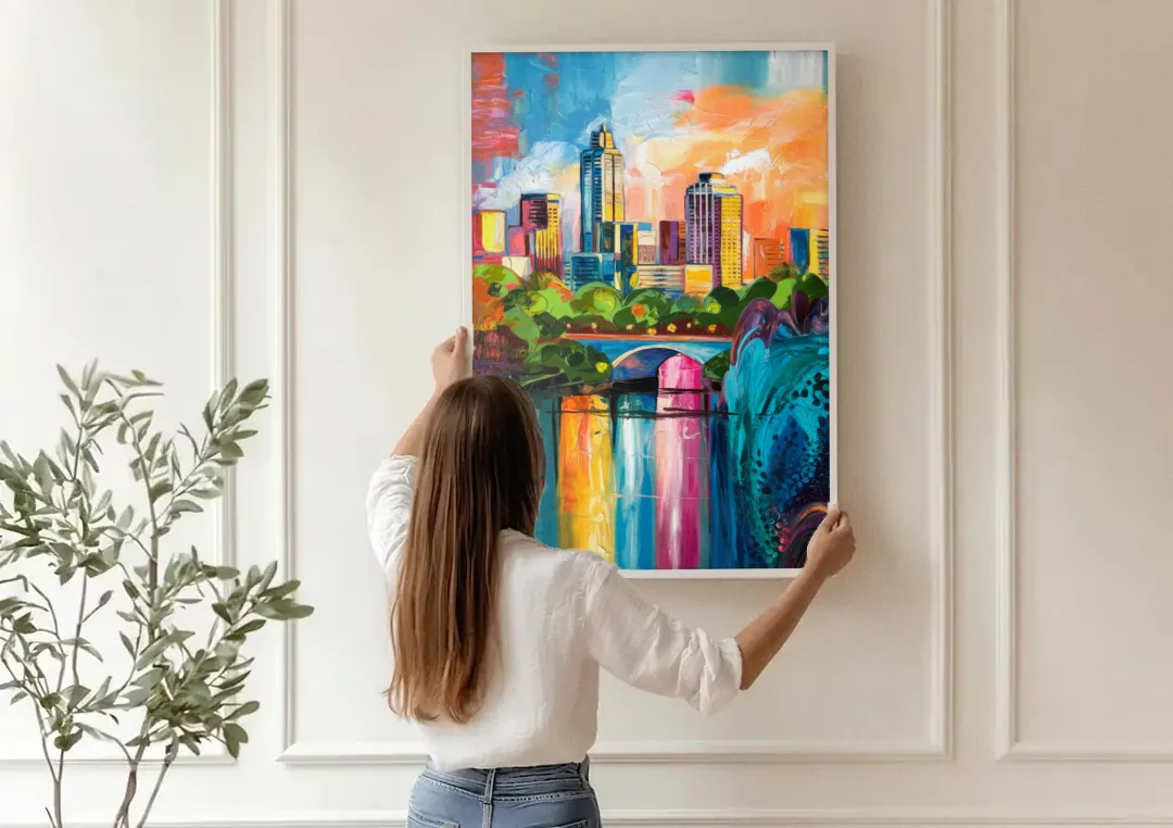 Austin Street Art Culture canvas wall art being hung on a paneled wall