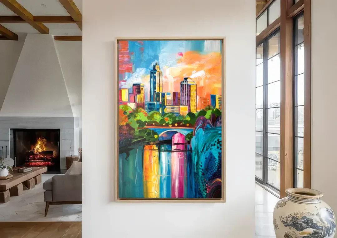 Austin Street Art Culture canvas wall art in a living room with a fireplace