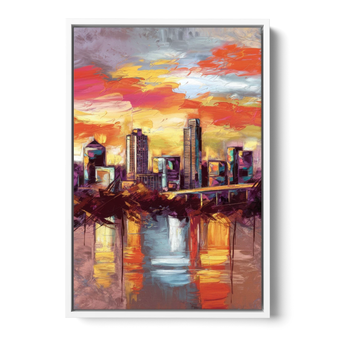 Austin Sunset Over Skyline - White Framed Canvas Wall Art - Front