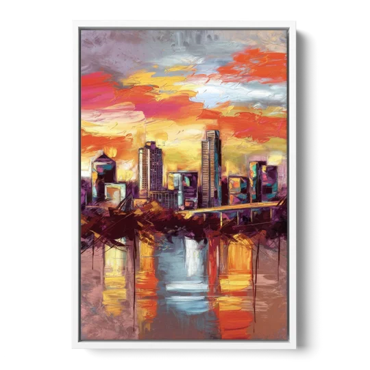 Austin Sunset Over Skyline - White Framed Canvas Wall Art - Front