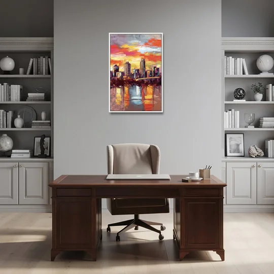 Austin Sunset Over Skyline - White Framed Canvas Wall Art - Office - 24x36