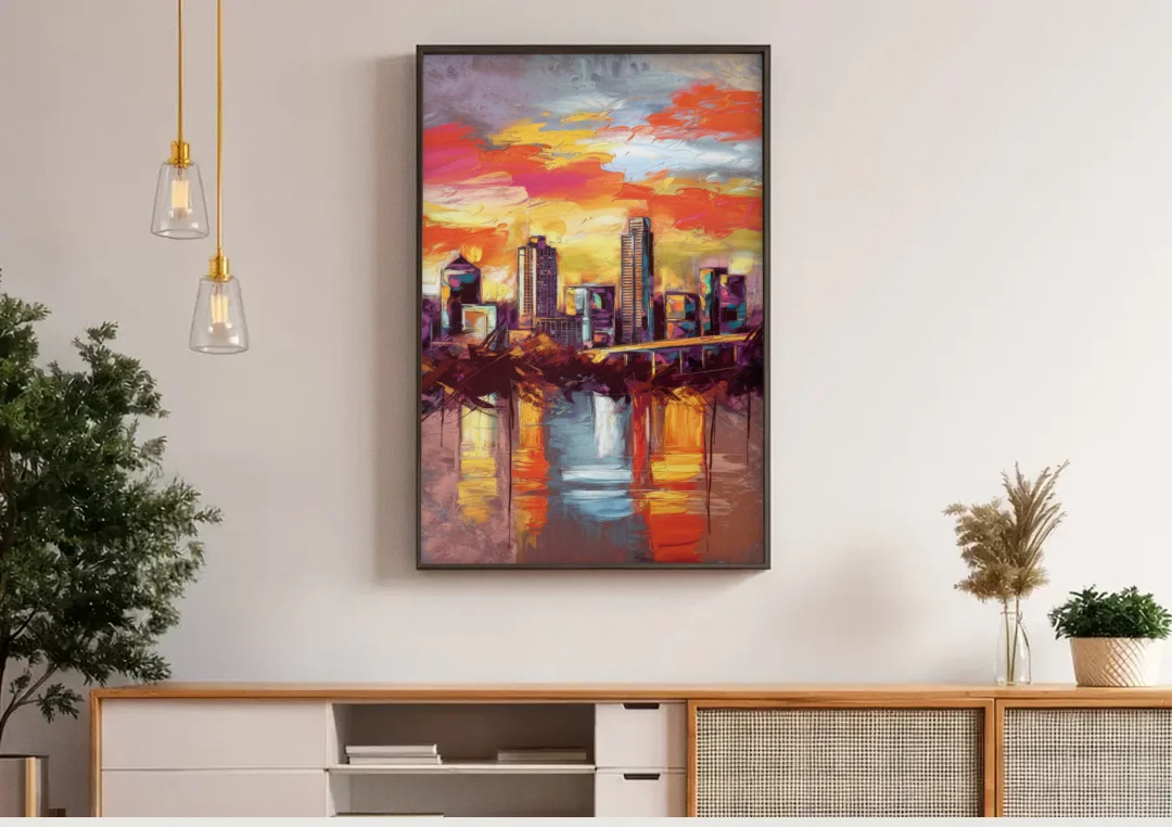 Austin Sunset Over Skyline canvas wall art above a wooden sideboard under pendant lights