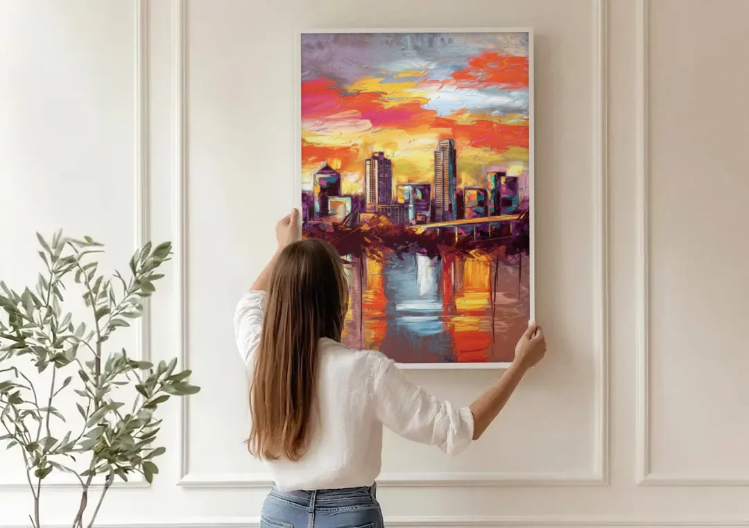 Austin Sunset Over Skyline canvas wall art being hung on a paneled wall