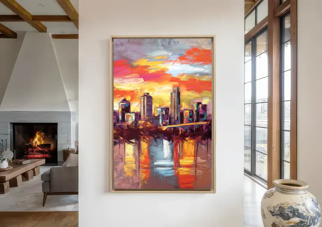 Austin Sunset Over Skyline canvas wall art in a living room with a fireplace