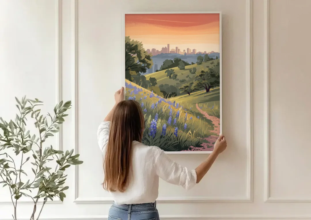 Austin Texas Hill Country canvas wall art being hung on a paneled wall