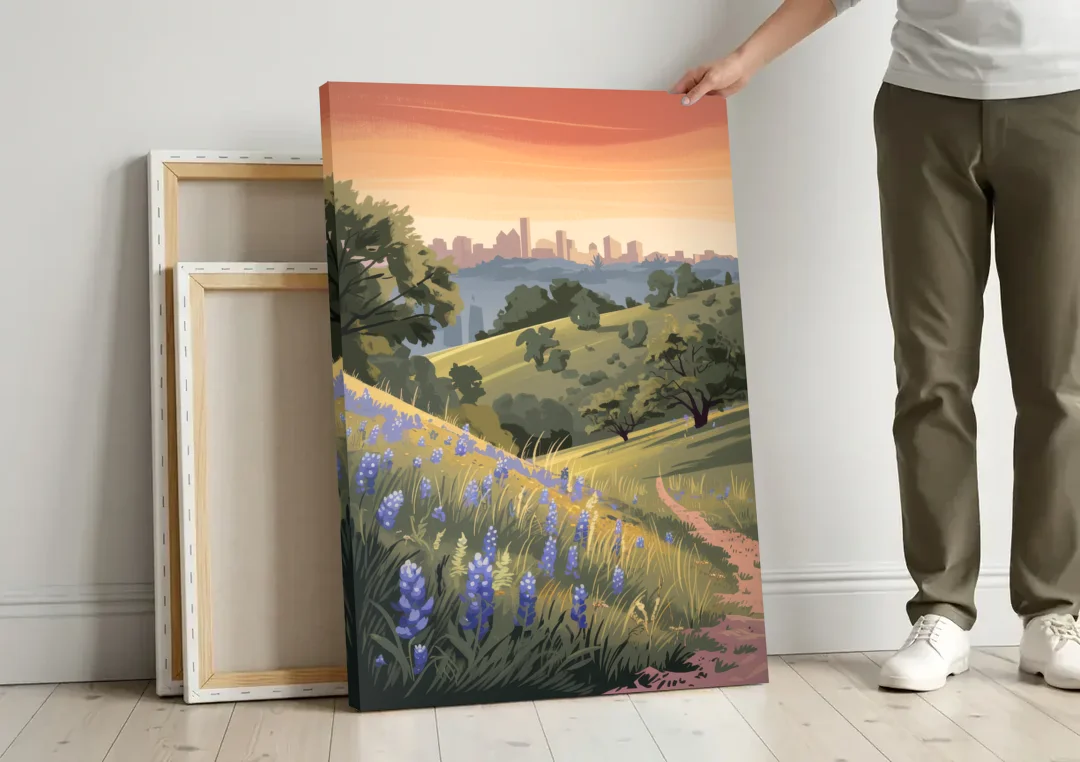 Austin Texas Hill Country canvas wall art leaning against a wall next to blank canvases