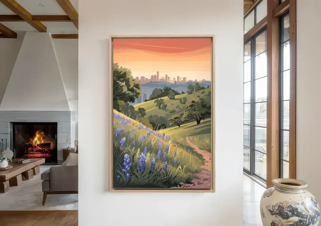 Austin Texas Hill Country canvas wall art in a living room with a fireplace