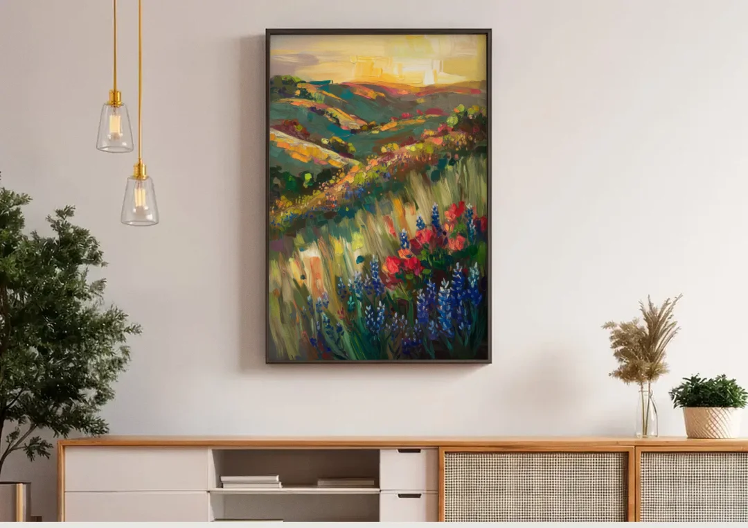 Austin Texas Hill Country Landscape canvas wall art above a wooden sideboard under pendant lights