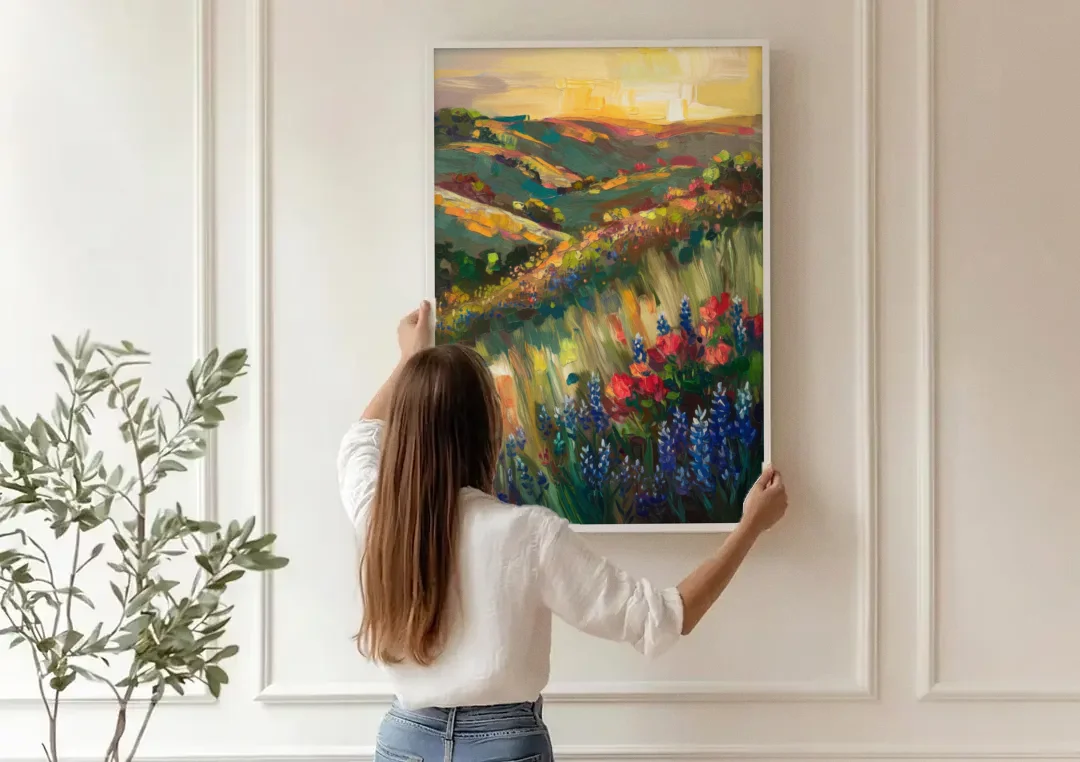 Austin Texas Hill Country Landscape canvas wall art being hung on a paneled wall