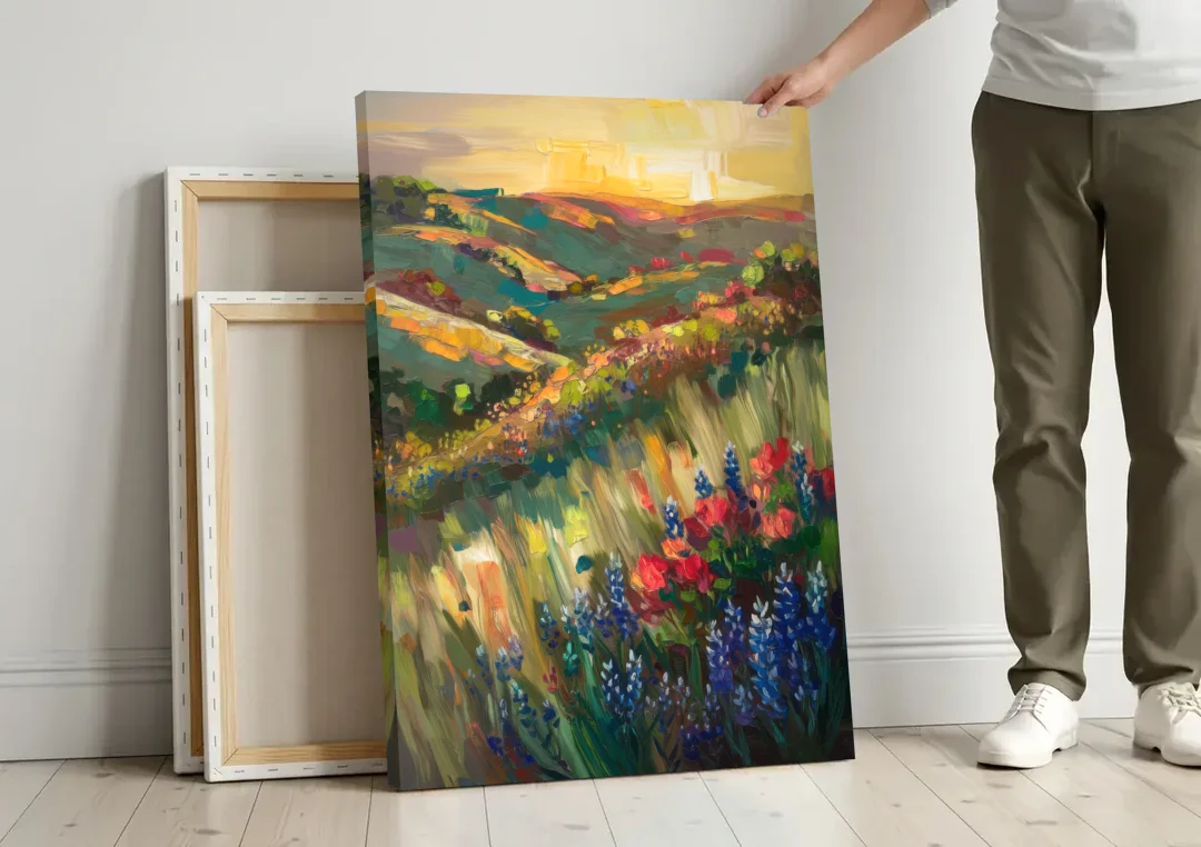Austin Texas Hill Country Landscape canvas wall art leaning against a wall next to blank canvases