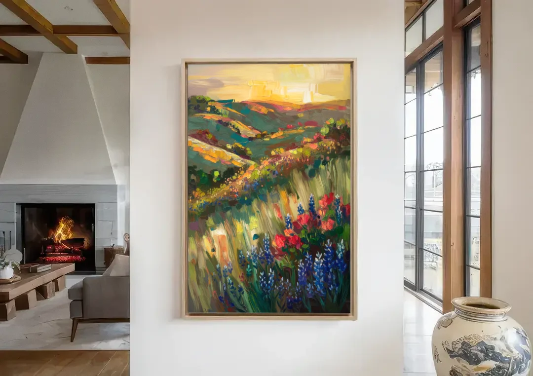 Austin Texas Hill Country Landscape canvas wall art in a living room with a fireplace