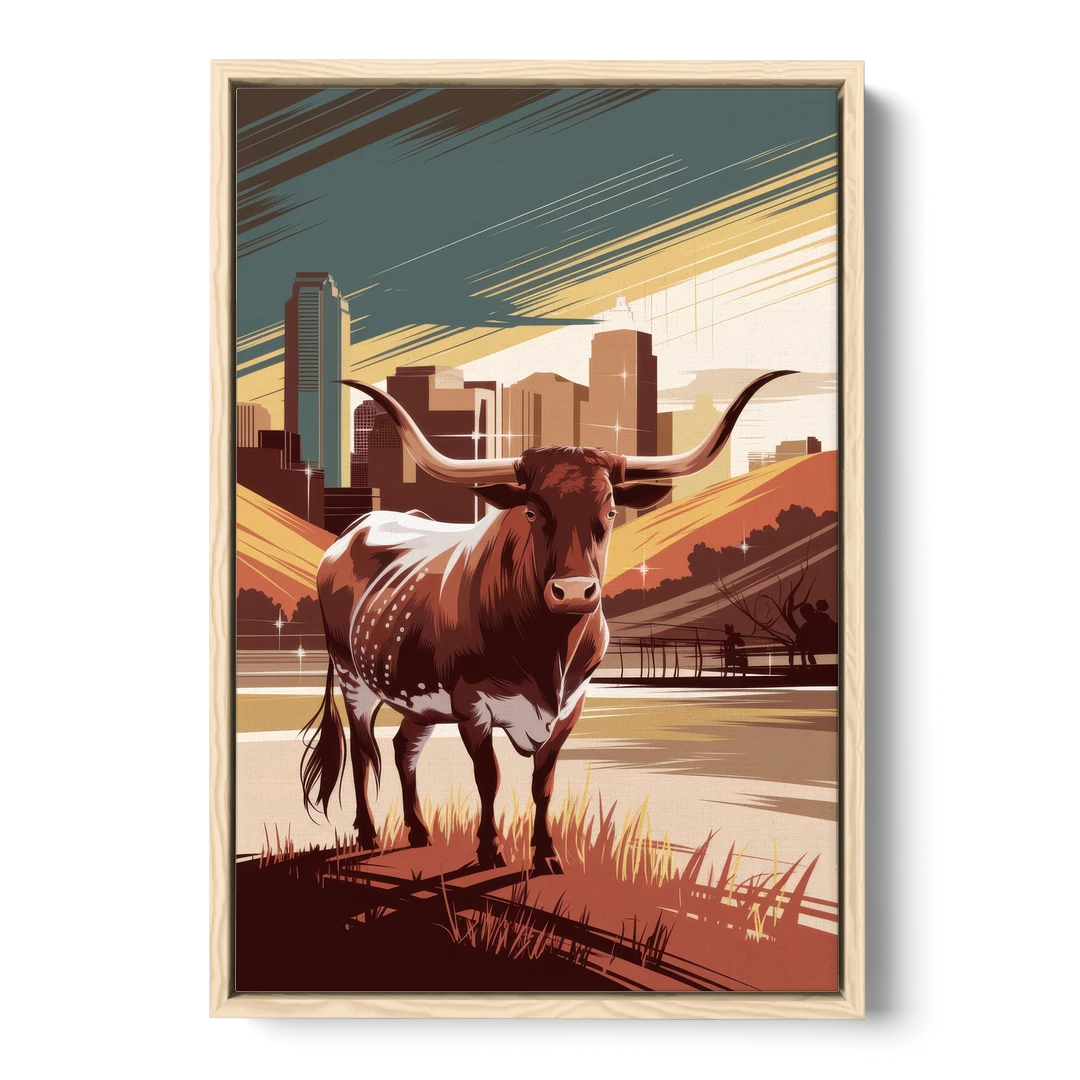 Austin Texas Longhorn Spirit - Oak Framed Canvas Wall Art - Front