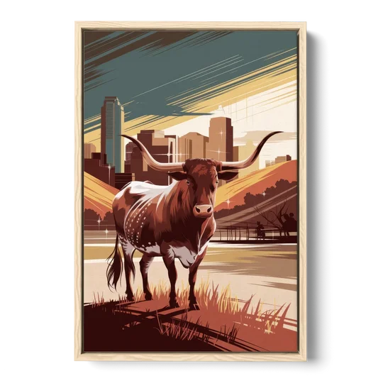 Austin Texas Longhorn Spirit - Oak Framed Canvas Wall Art - Front