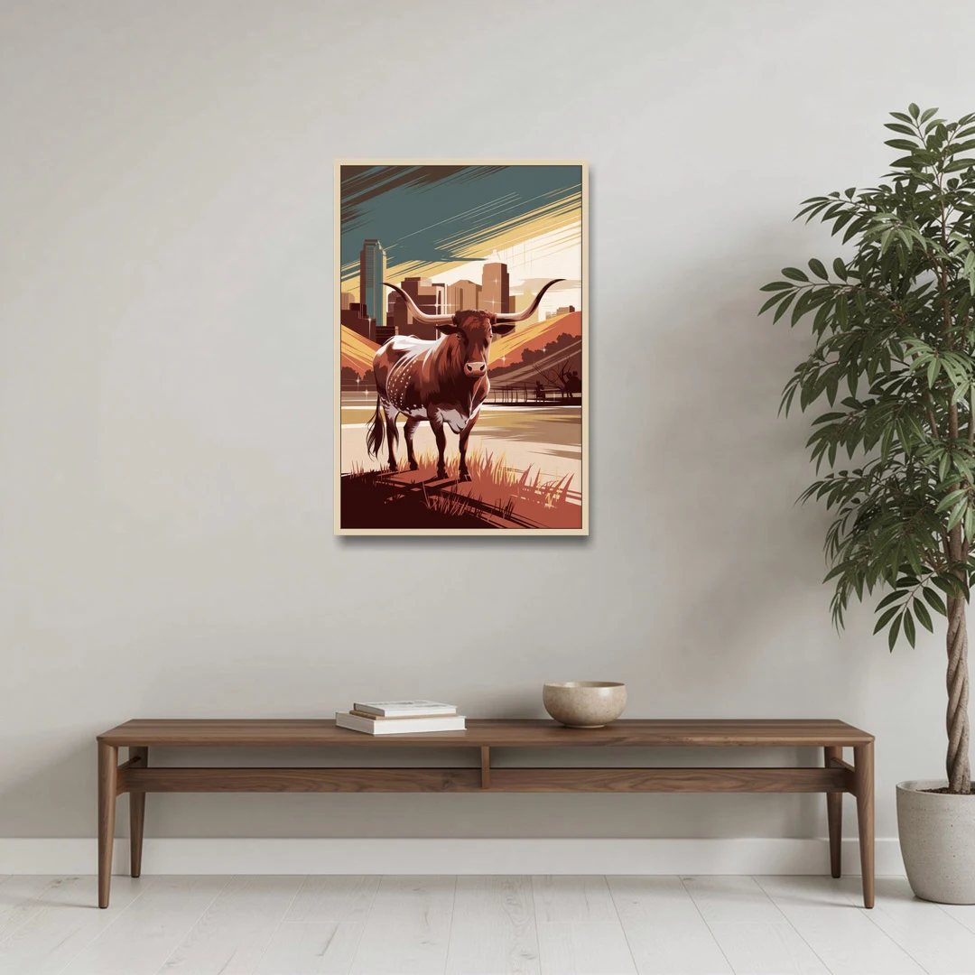 Austin Texas Longhorn Spirit - Oak Framed Canvas Wall Art - Coffee Table - 24x36