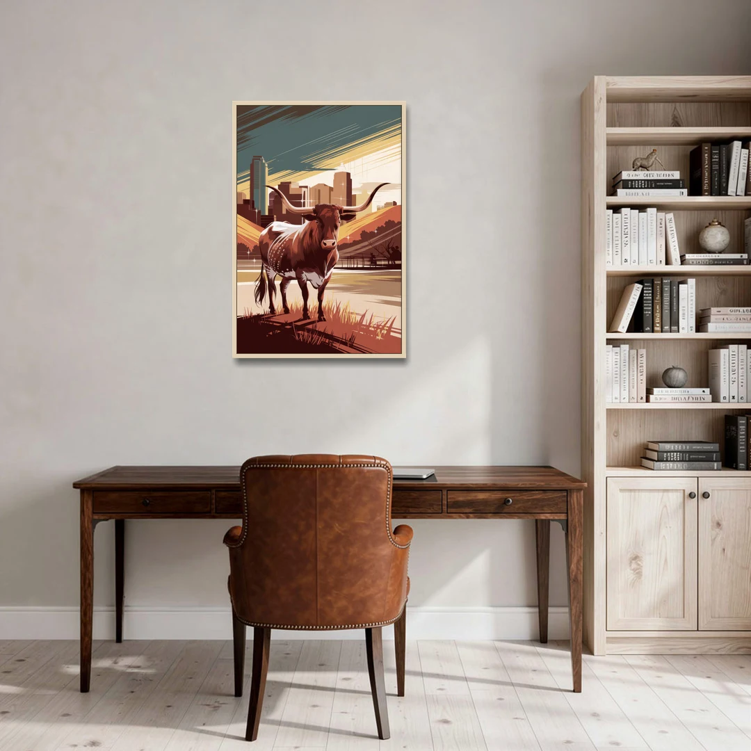 Austin Texas Longhorn Spirit - Oak Framed Canvas Wall Art - Office - 24x36