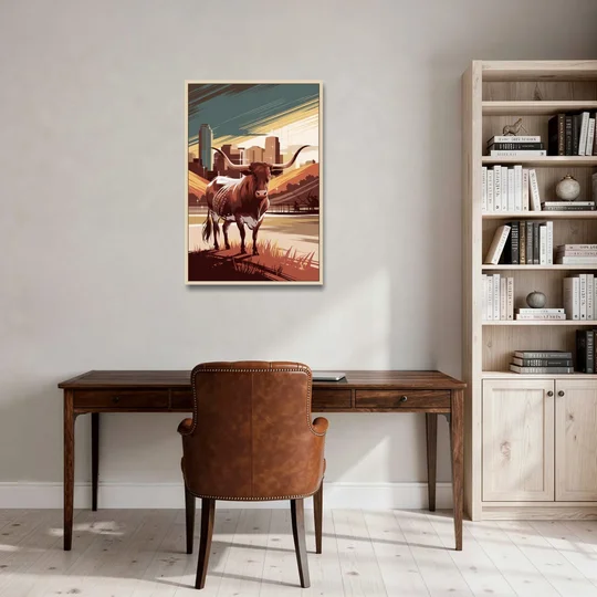 Austin Texas Longhorn Spirit - Oak Framed Canvas Wall Art - Office - 24x36