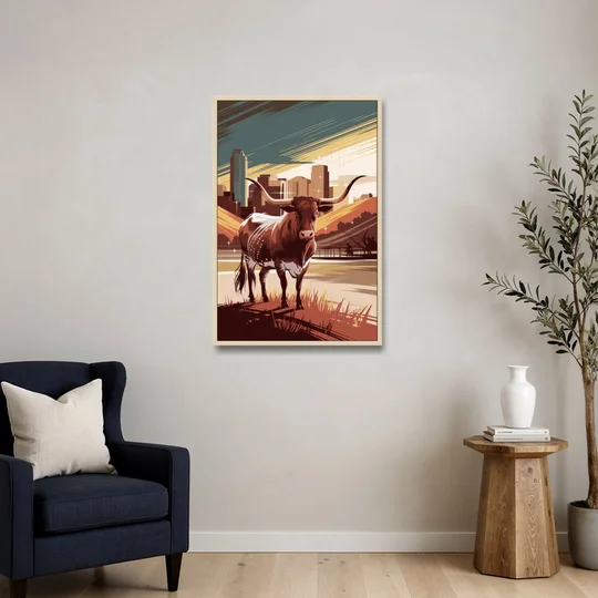 Austin Texas Longhorn Spirit - Oak Framed Canvas Wall Art - Sofa - 24x36