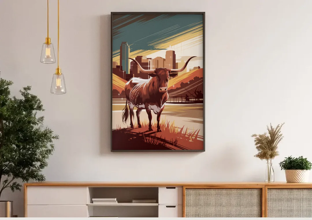 Austin Texas Longhorn Spirit canvas wall art above a wooden sideboard under pendant lights