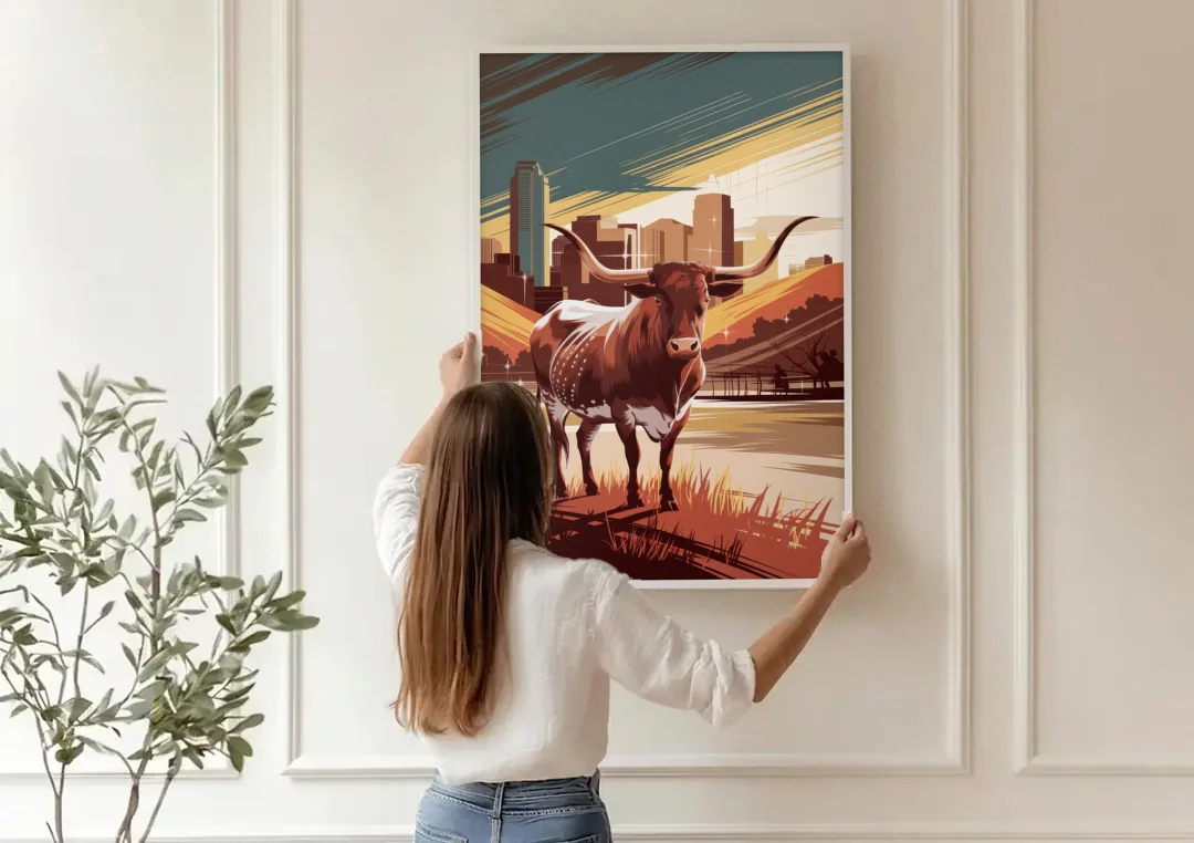 Austin Texas Longhorn Spirit canvas wall art being hung on a paneled wall
