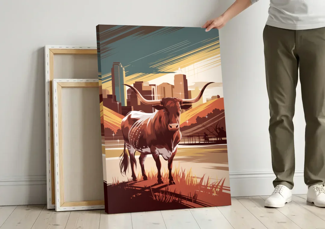 Austin Texas Longhorn Spirit canvas wall art leaning against a wall next to blank canvases