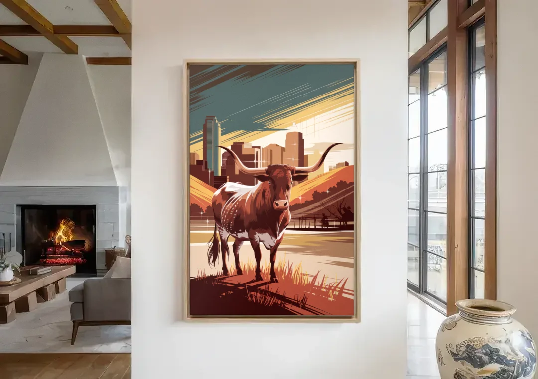 Austin Texas Longhorn Spirit canvas wall art in a living room with a fireplace
