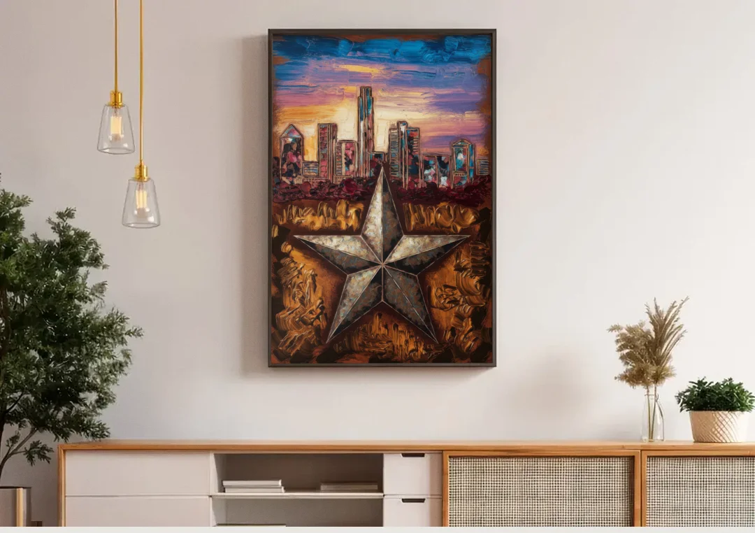Austin Texas Stars canvas wall art above a wooden sideboard under pendant lights