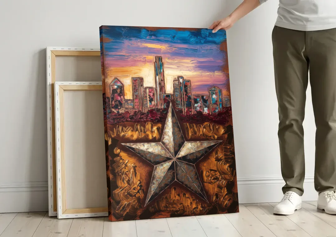 Austin Texas Stars canvas wall art leaning against a wall next to blank canvases