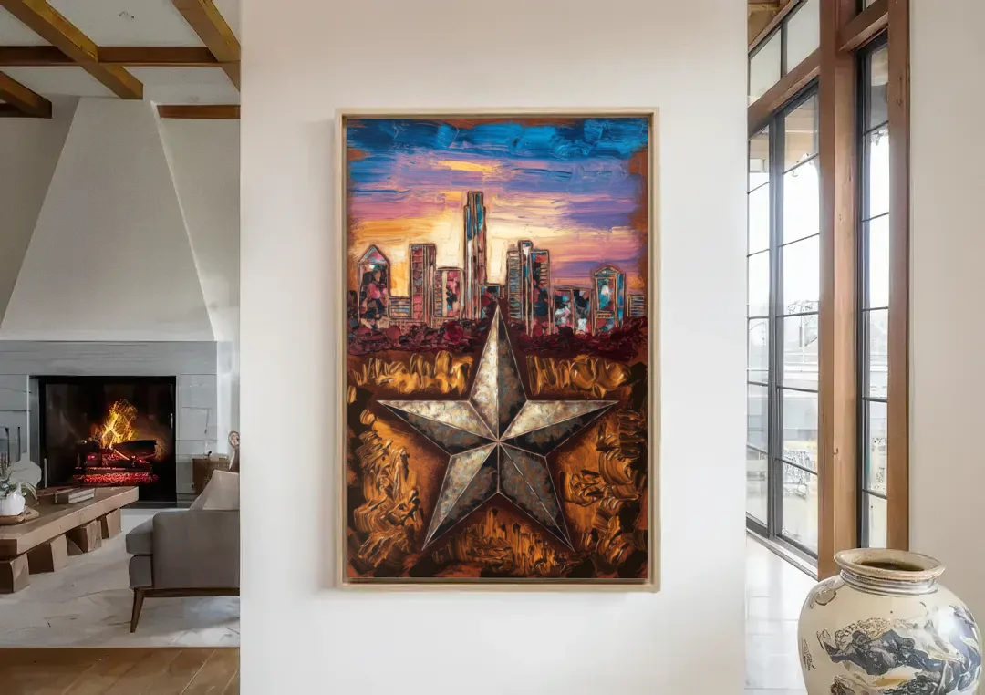 Austin Texas Stars canvas wall art in a living room with a fireplace